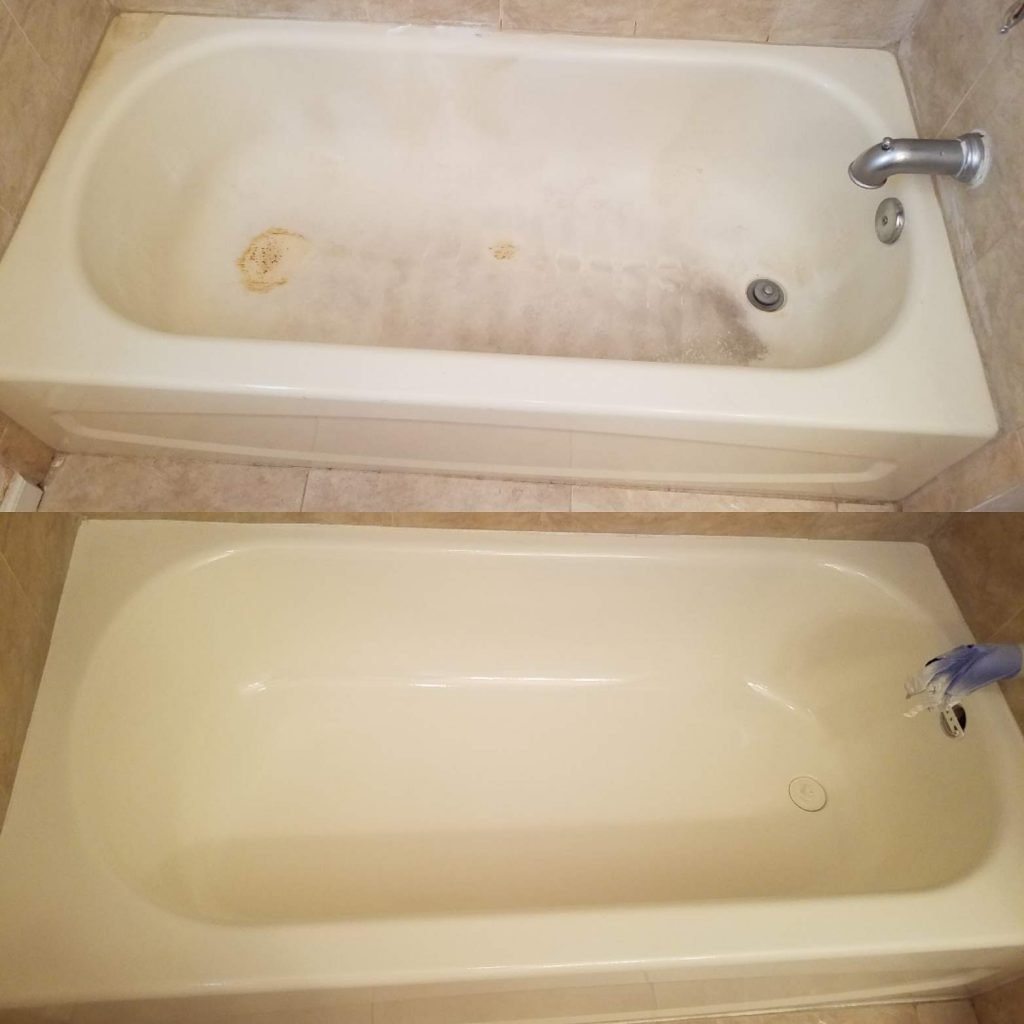 Before and after of reglazing a bathtub
